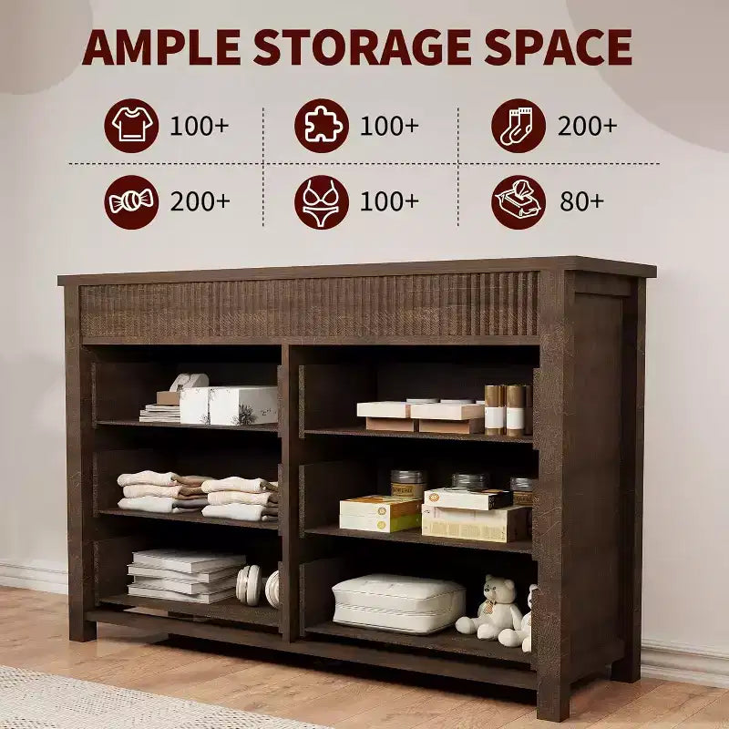 6-Drawer Dresser & TV Stand with Fluted Detailing, Wooden Storage Organizer for Bedroom, Living Room, or Hallway