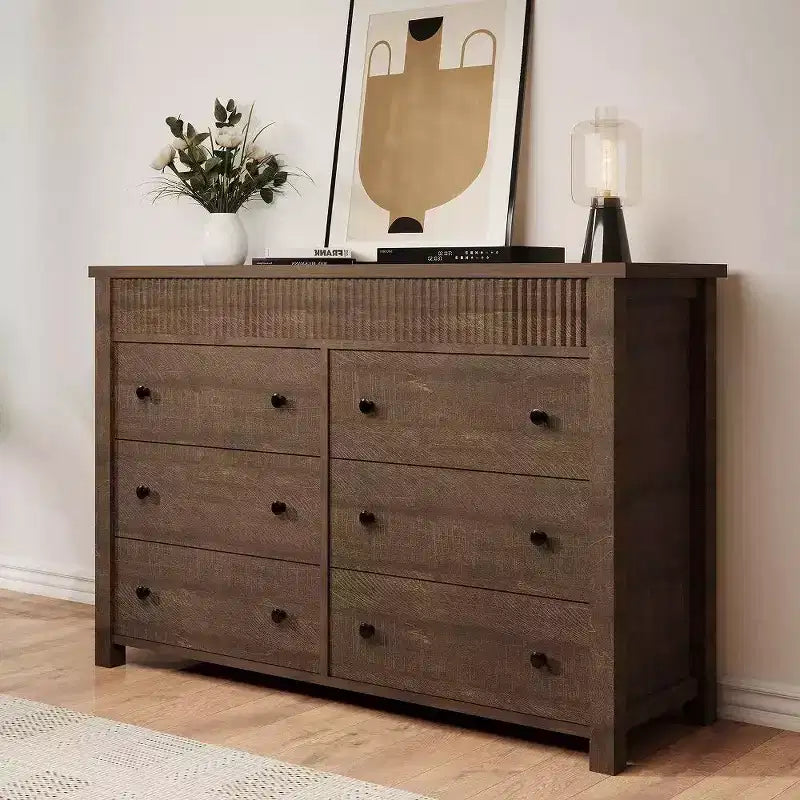6-Drawer Dresser & TV Stand with Fluted Detailing, Wooden Storage Organizer for Bedroom, Living Room, or Hallway