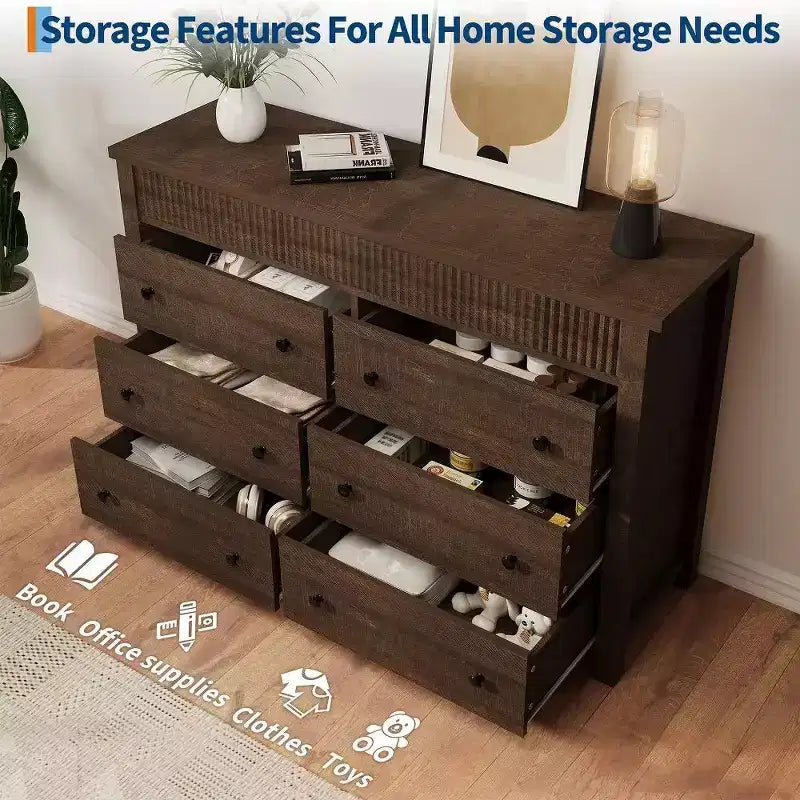 6-Drawer Dresser & TV Stand with Fluted Detailing, Wooden Storage Organizer for Bedroom, Living Room, or Hallway