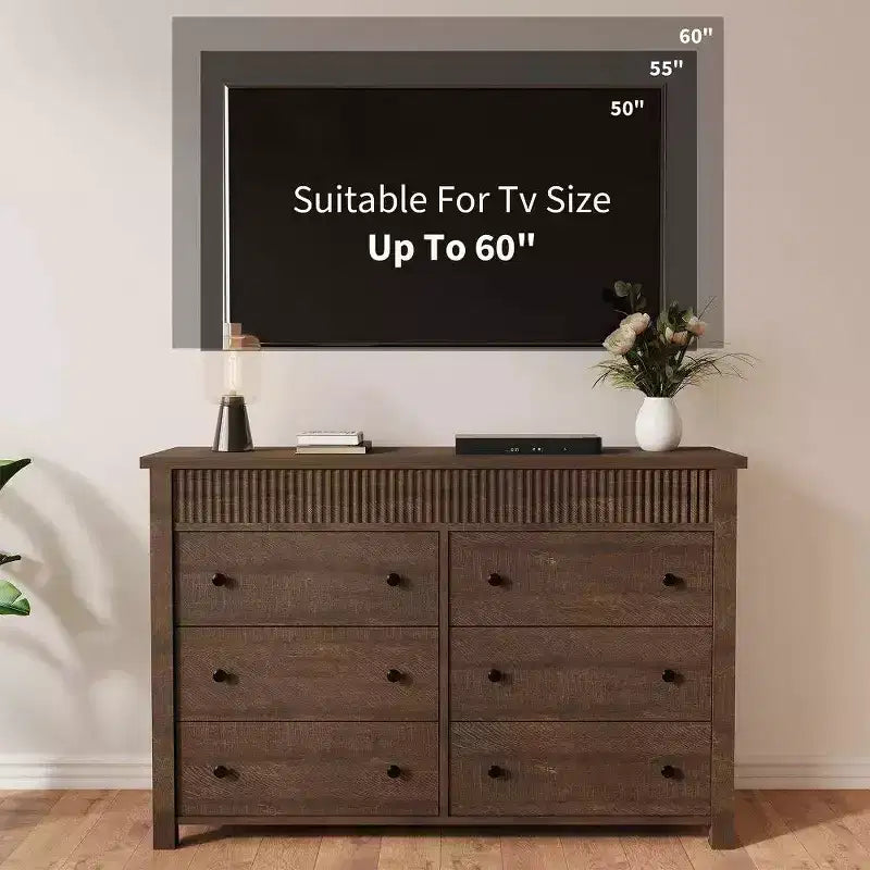 6-Drawer Dresser & TV Stand with Fluted Detailing, Wooden Storage Organizer for Bedroom, Living Room, or Hallway