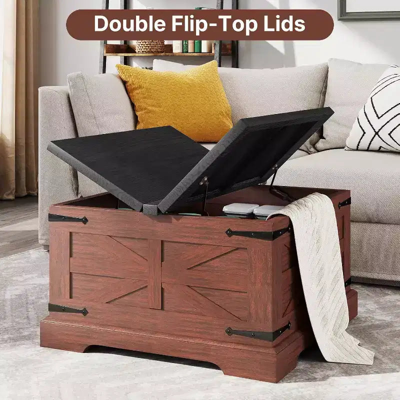Zevemomo Farmhouse Square Coffee Table with Storage for Living Room, 31 Wood Storage Farmhouse Coffee Tables with Dual Flip-Top Lids, Brown