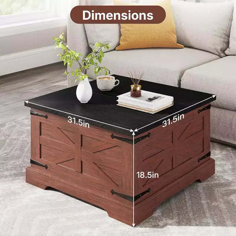 Zevemomo Farmhouse Square Coffee Table with Storage for Living Room, 31 Wood Storage Farmhouse Coffee Tables with Dual Flip-Top Lids, Brown