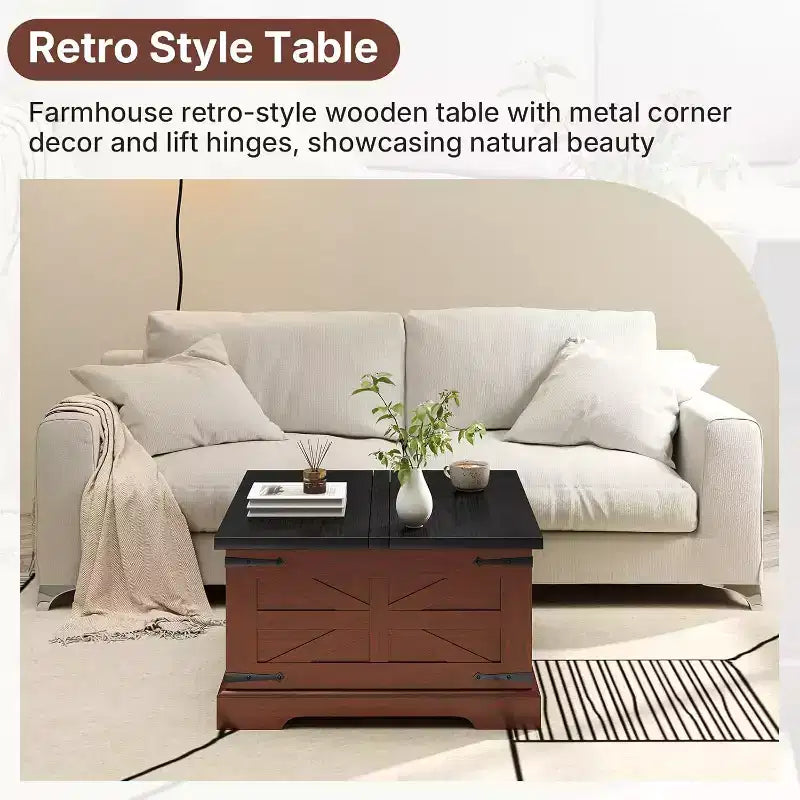 Zevemomo Farmhouse Square Coffee Table with Storage for Living Room, 31 Wood Storage Farmhouse Coffee Tables with Dual Flip-Top Lids, Brown