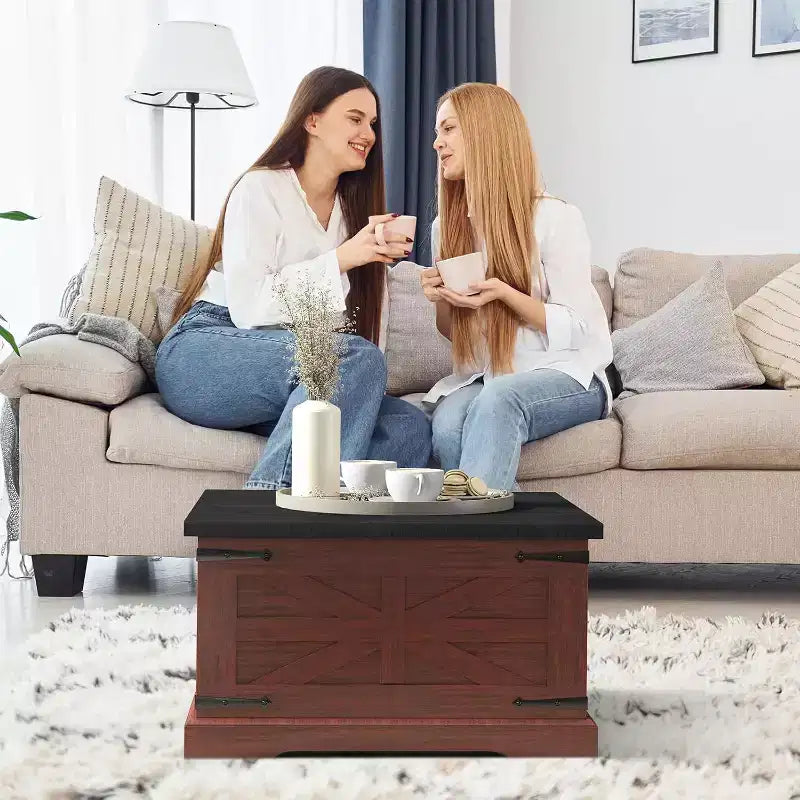 Zevemomo Farmhouse Square Coffee Table with Storage for Living Room, 31 Wood Storage Farmhouse Coffee Tables with Dual Flip-Top Lids, Brown
