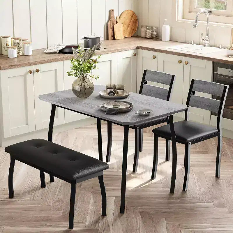 5-Piece Dining Table Set with Wooden Table, Upholstered Bench and 2 Chairs, Space-Saving Dinette Set for Studio, Kitchen, Dining Room