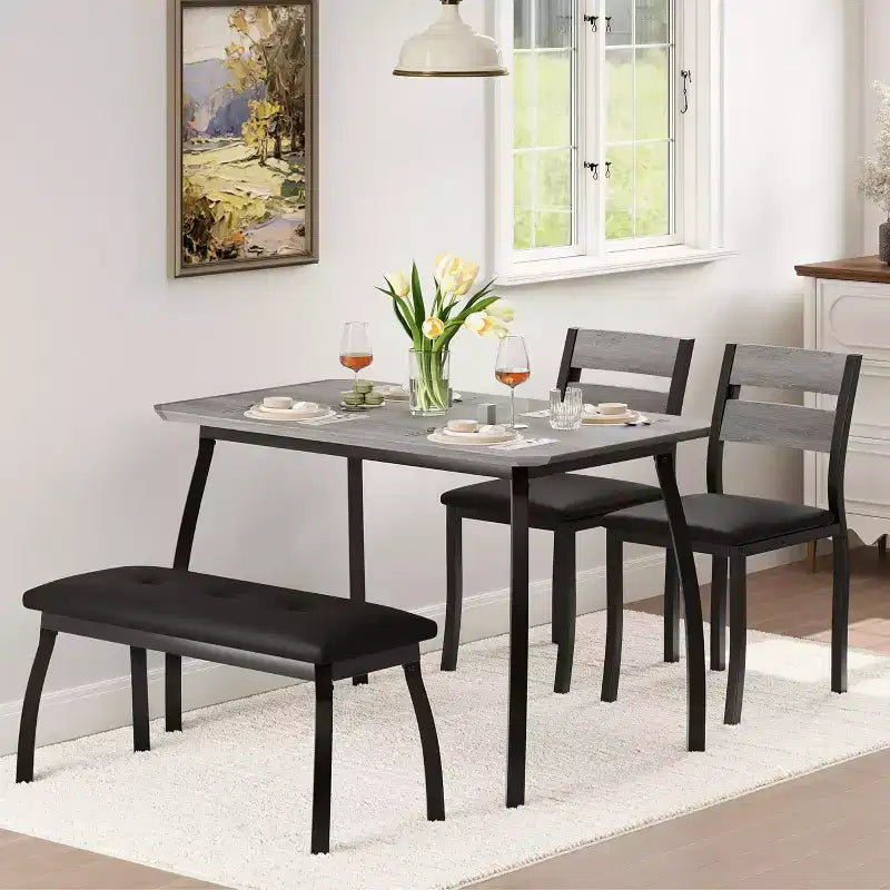 5-Piece Dining Table Set with Wooden Table, Upholstered Bench and 2 Chairs, Space-Saving Dinette Set for Studio, Kitchen, Dining Room