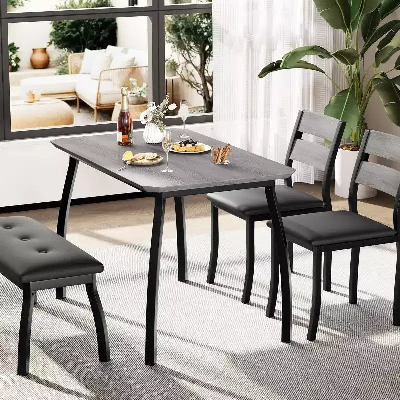 5-Piece Dining Table Set with Wooden Table, Upholstered Bench and 2 Chairs, Space-Saving Dinette Set for Studio, Kitchen, Dining Room