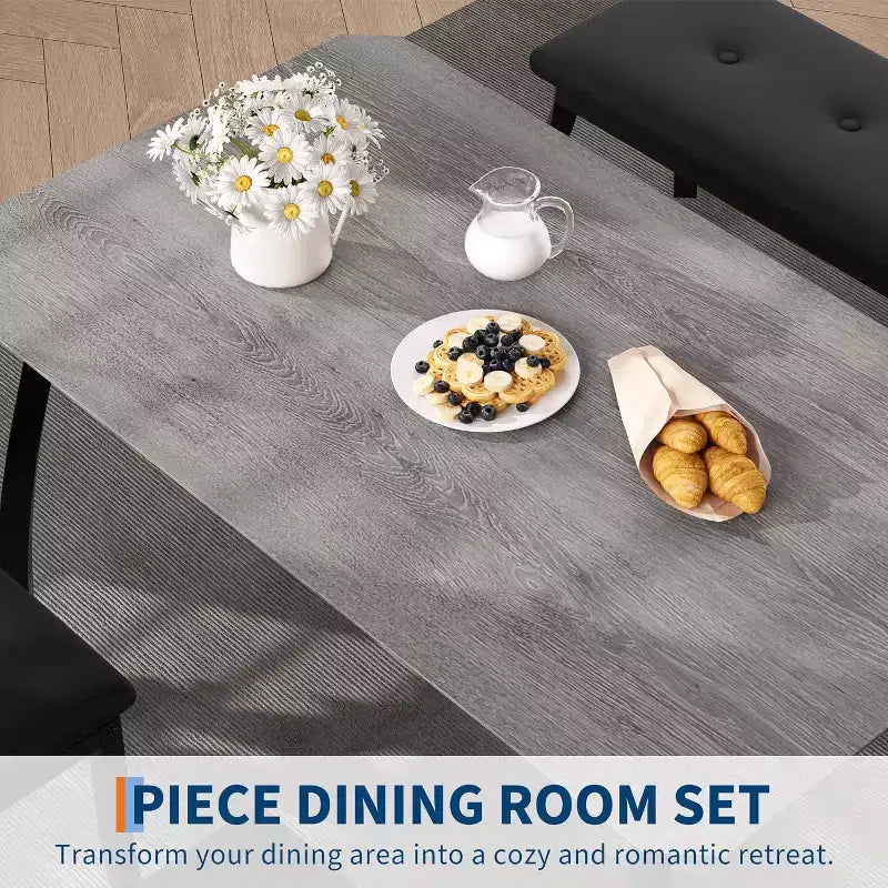 5-Piece Dining Table Set with Wooden Table, Upholstered Bench and 2 Chairs, Space-Saving Dinette Set for Studio, Kitchen, Dining Room