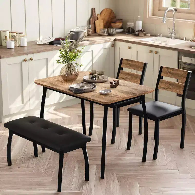 5-Piece Dining Table Set with Wooden Table, Upholstered Bench and 2 Chairs, Space-Saving Dinette Set for Studio, Kitchen, Dining Room