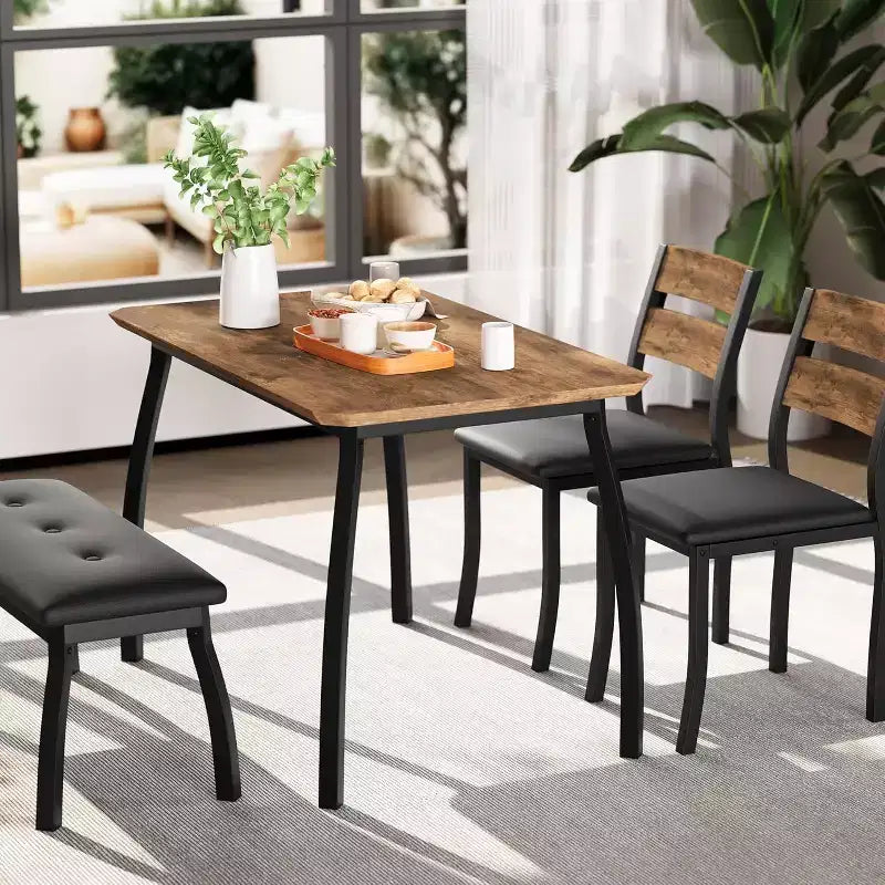 5-Piece Dining Table Set with Wooden Table, Upholstered Bench and 2 Chairs, Space-Saving Dinette Set for Studio, Kitchen, Dining Room