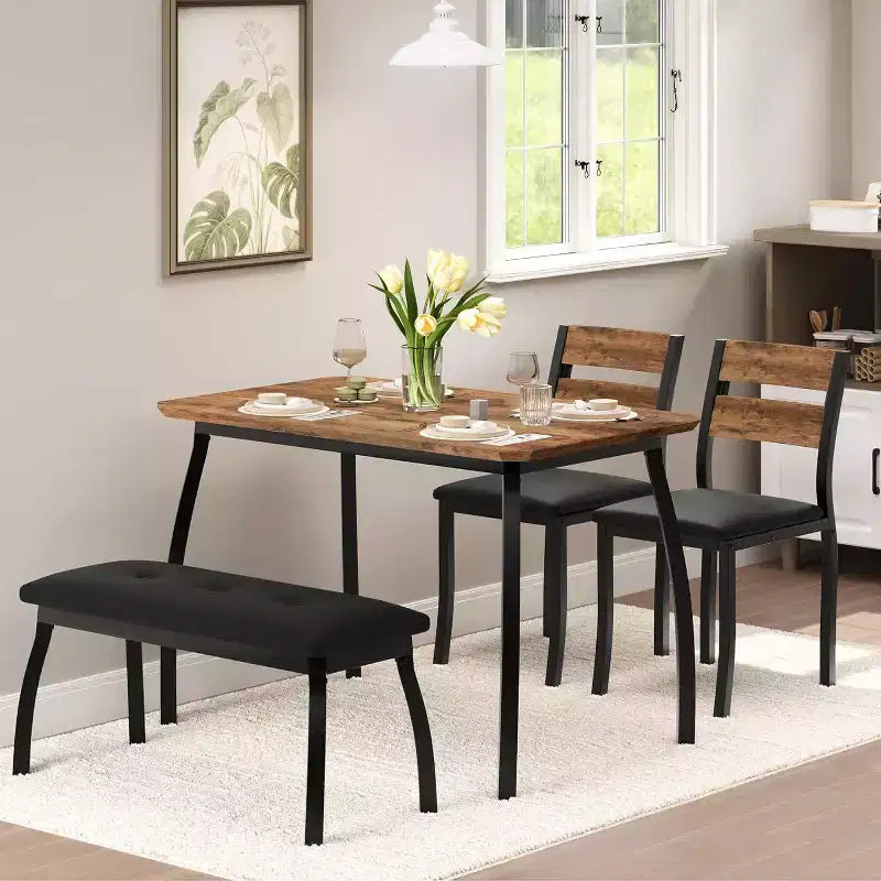 5-Piece Dining Table Set with Wooden Table, Upholstered Bench and 2 Chairs, Space-Saving Dinette Set for Studio, Kitchen, Dining Room