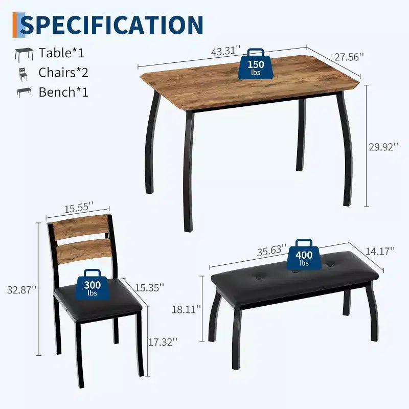 5-Piece Dining Table Set with Wooden Table, Upholstered Bench and 2 Chairs, Space-Saving Dinette Set for Studio, Kitchen, Dining Room