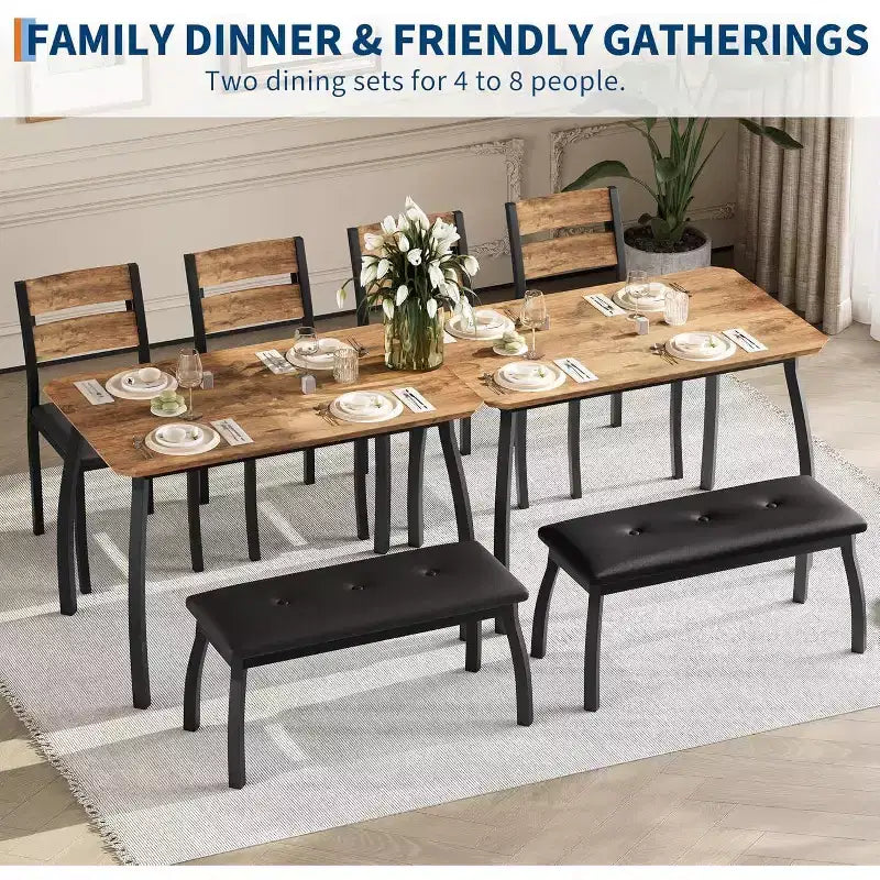 5-Piece Dining Table Set with Wooden Table, Upholstered Bench and 2 Chairs, Space-Saving Dinette Set for Studio, Kitchen, Dining Room