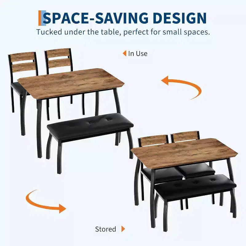 5-Piece Dining Table Set with Wooden Table, Upholstered Bench and 2 Chairs, Space-Saving Dinette Set for Studio, Kitchen, Dining Room