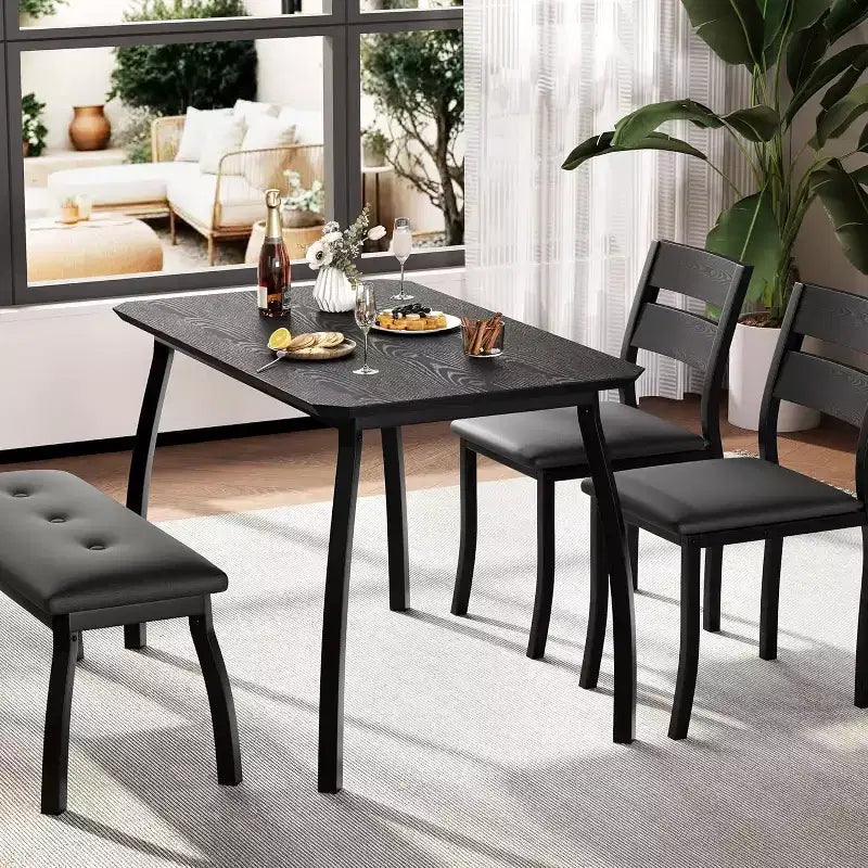 5-Piece Dining Table Set with Wooden Table, Upholstered Bench and 2 Chairs, Space-Saving Dinette Set for Studio, Kitchen, Dining Room