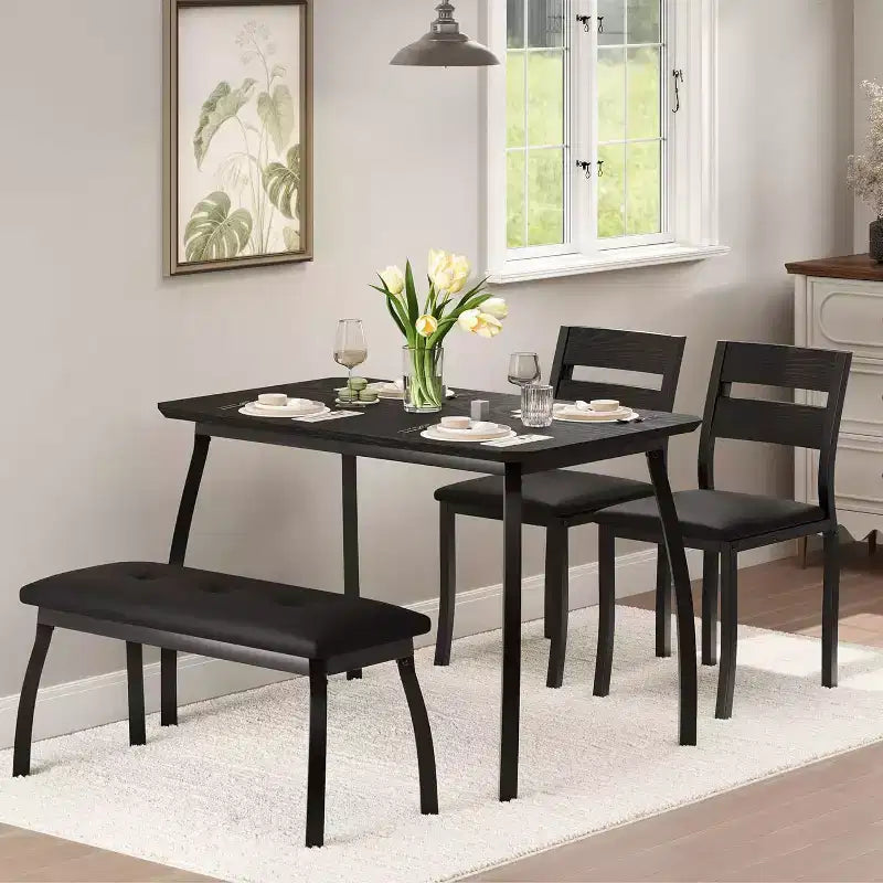 5-Piece Dining Table Set with Wooden Table, Upholstered Bench and 2 Chairs, Space-Saving Dinette Set for Studio, Kitchen, Dining Room