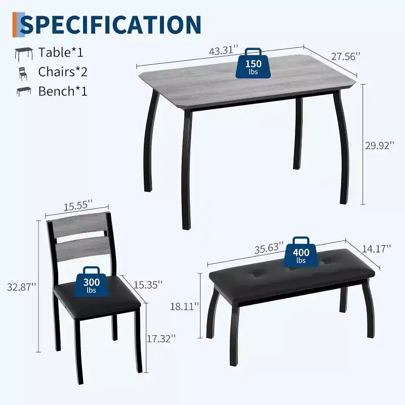 5-Piece Dining Table Set with Wooden Table, Upholstered Bench and 2 Chairs, Space-Saving Dinette Set for Studio, Kitchen, Dining Room