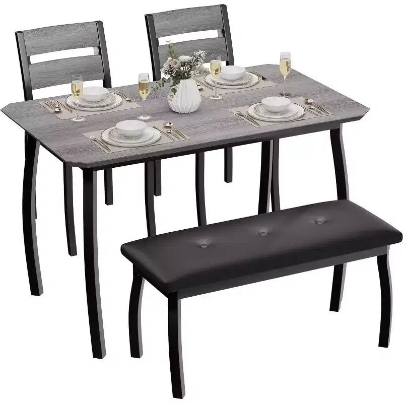 5-Piece Dining Table Set with Wooden Table, Upholstered Bench and 2 Chairs, Space-Saving Dinette Set for Studio, Kitchen, Dining Room