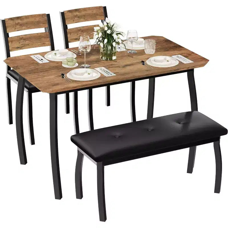 5-Piece Dining Table Set with Wooden Table, Upholstered Bench and 2 Chairs, Space-Saving Dinette Set for Studio, Kitchen, Dining Room