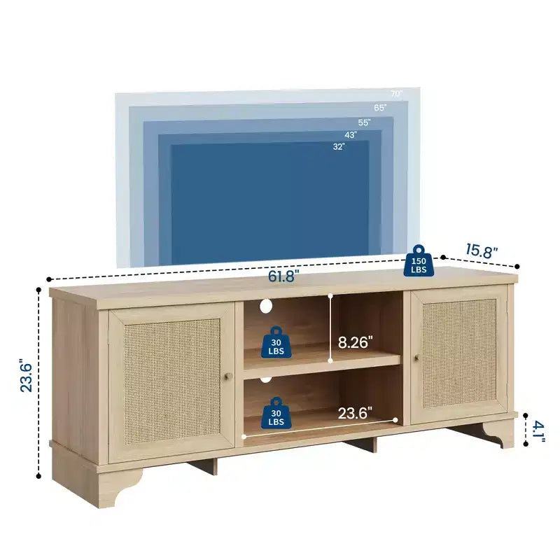 Rattan TV Stand for TVs Up to 70 Inches Wooden Media Console Table with Cabinets and Open Shelves, Stylish Entertainment Center for Living Room