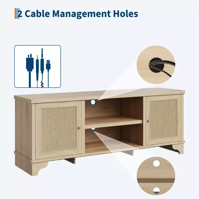 Rattan TV Stand for TVs Up to 70 Inches Wooden Media Console Table with Cabinets and Open Shelves, Stylish Entertainment Center for Living Room