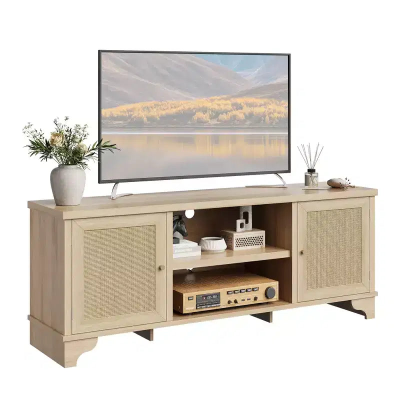 Rattan TV Stand for TVs Up to 70 Inches Wooden Media Console Table with Cabinets and Open Shelves, Stylish Entertainment Center for Living Room
