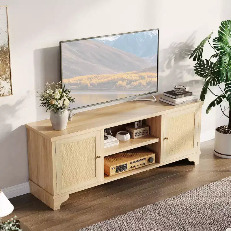 Rattan TV Stand for TVs Up to 70 Inches Wooden Media Console Table with Cabinets and Open Shelves, Stylish Entertainment Center for Living Room