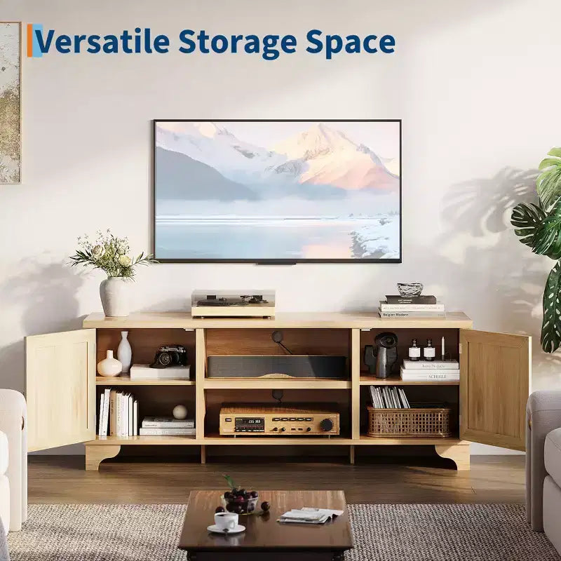 Rattan TV Stand for TVs Up to 70 Inches Wooden Media Console Table with Cabinets and Open Shelves, Stylish Entertainment Center for Living Room