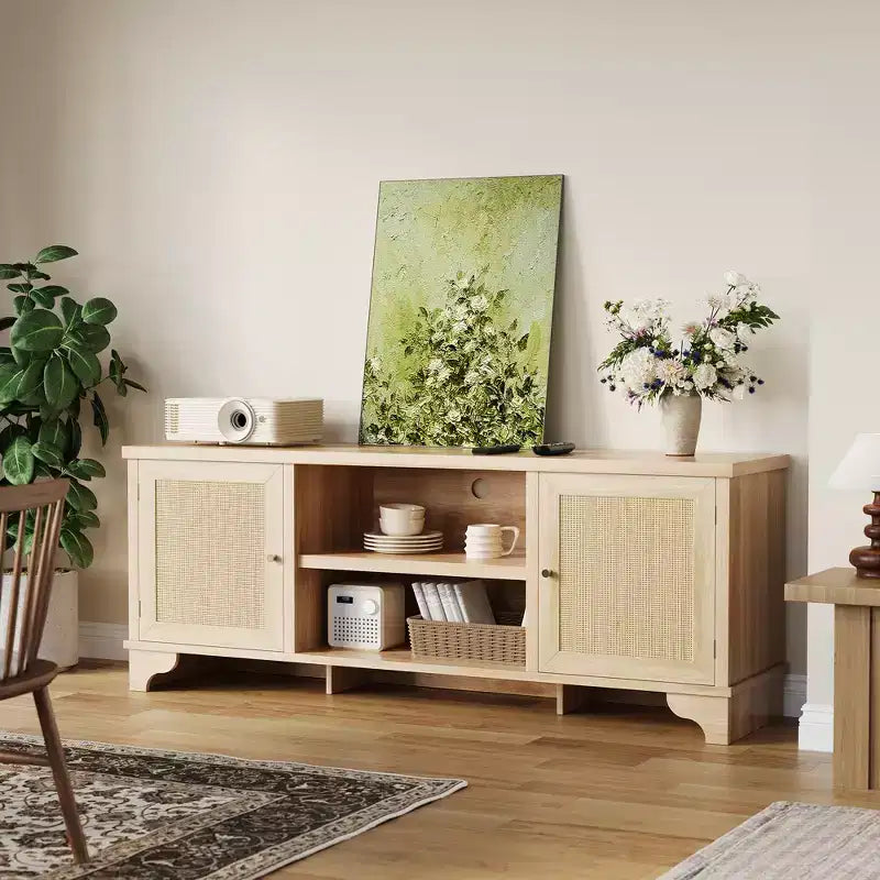 Rattan TV Stand for TVs Up to 70 Inches Wooden Media Console Table with Cabinets and Open Shelves, Stylish Entertainment Center for Living Room