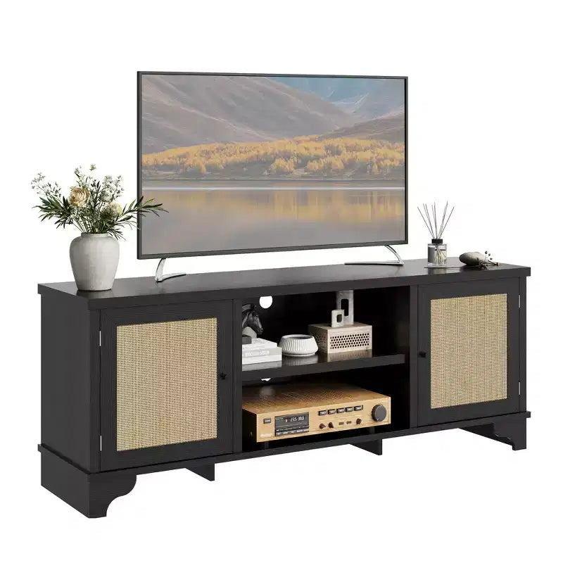 Rattan TV Stand for TVs Up to 70 Inches Wooden Media Console Table with Cabinets and Open Shelves, Stylish Entertainment Center for Living Room