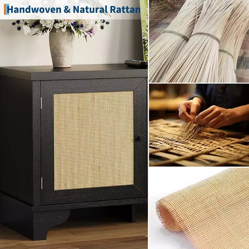 Rattan TV Stand for TVs Up to 70 Inches Wooden Media Console Table with Cabinets and Open Shelves, Stylish Entertainment Center for Living Room