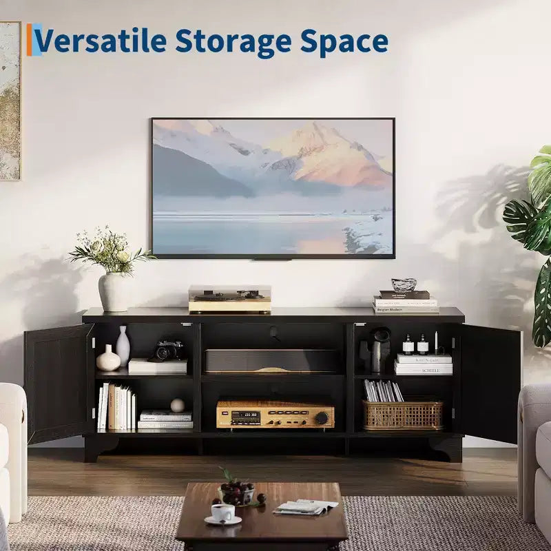 Rattan TV Stand for TVs Up to 70 Inches Wooden Media Console Table with Cabinets and Open Shelves, Stylish Entertainment Center for Living Room