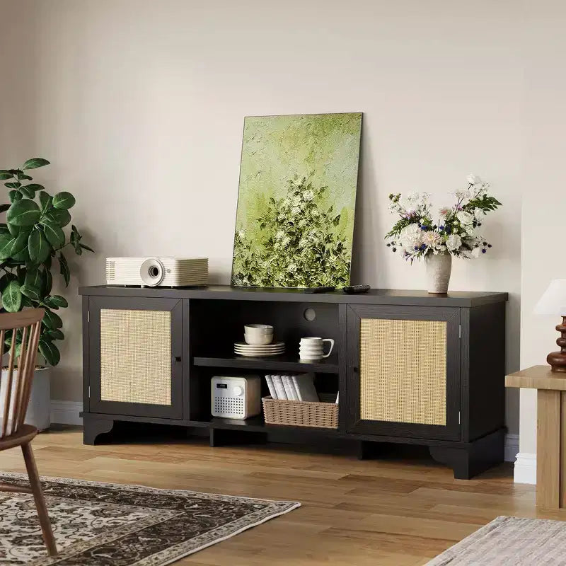 Rattan TV Stand for TVs Up to 70 Inches Wooden Media Console Table with Cabinets and Open Shelves, Stylish Entertainment Center for Living Room