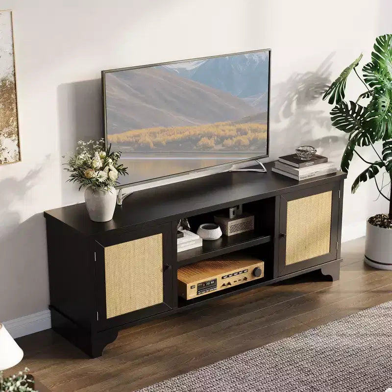 Rattan TV Stand for TVs Up to 70 Inches Wooden Media Console Table with Cabinets and Open Shelves, Stylish Entertainment Center for Living Room