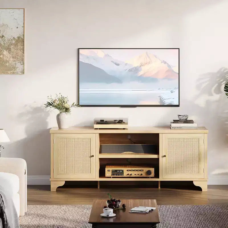 Rattan TV Stand for TVs Up to 70 Inches Wooden Media Console Table with Cabinets and Open Shelves, Stylish Entertainment Center for Living Room