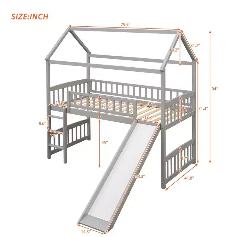 Twin Loft Bed with Slide and Ladder,House Loft Bed for Kids, Wood Loft Bed, for Boys Girls, Gray House
