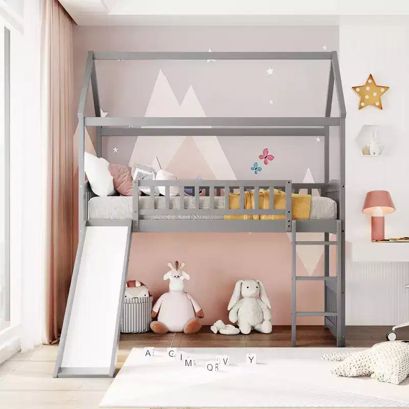 Twin Loft Bed with Slide and Ladder,House Loft Bed for Kids, Wood Loft Bed, for Boys Girls, Gray House