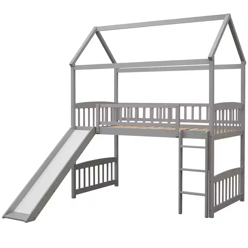 Twin Loft Bed with Slide and Ladder,House Loft Bed for Kids, Wood Loft Bed, for Boys Girls, Gray House