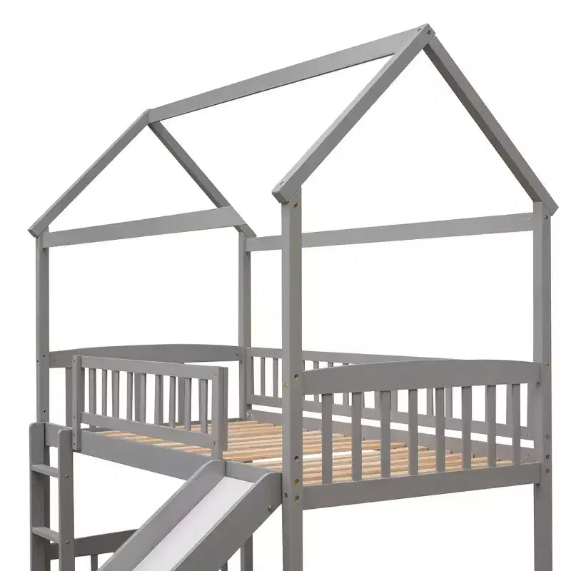 Twin Loft Bed with Slide and Ladder,House Loft Bed for Kids, Wood Loft Bed, for Boys Girls, Gray House