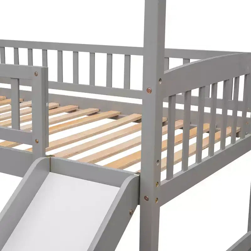 Twin Loft Bed with Slide and Ladder,House Loft Bed for Kids, Wood Loft Bed, for Boys Girls, Gray House
