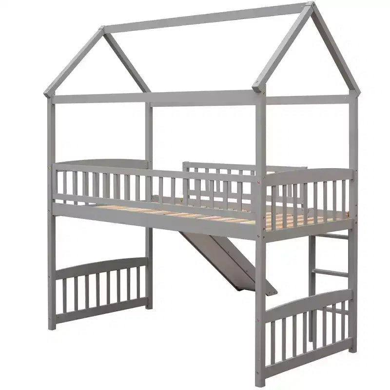 Twin Loft Bed with Slide and Ladder,House Loft Bed for Kids, Wood Loft Bed, for Boys Girls, Gray House
