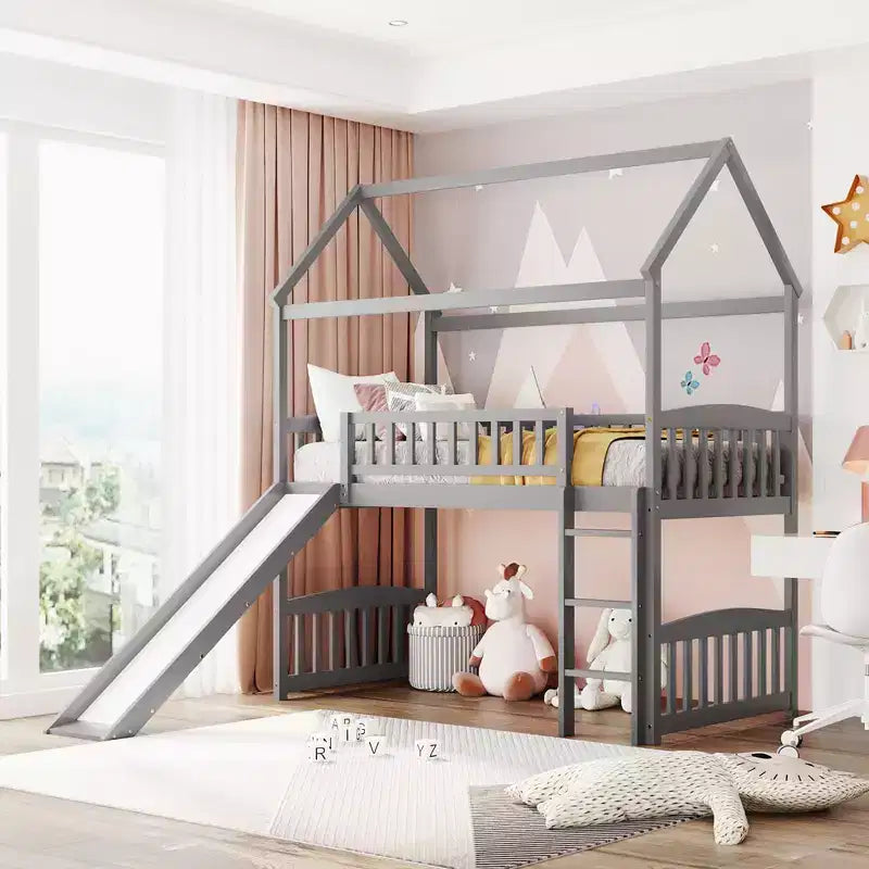 Twin Loft Bed with Slide and Ladder,House Loft Bed for Kids, Wood Loft Bed, for Boys Girls, Gray House