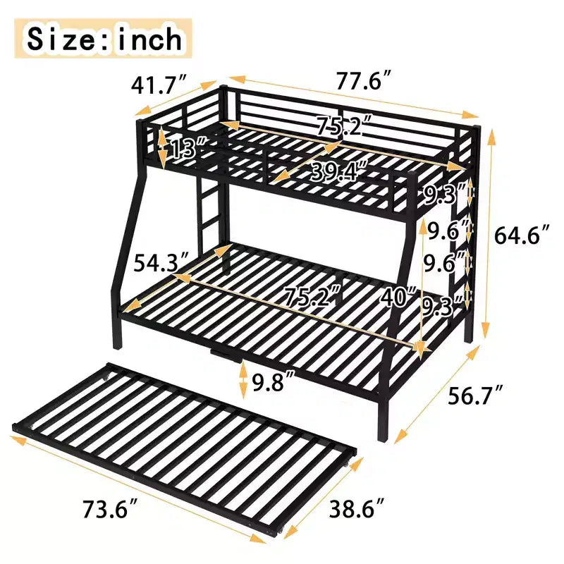 Metal Bunk Bed with Trundle, Twin Over Full Bunk with Guardrail Trundle and Ladder for Kids/Teenagers, Adults, No Box Spring Needed Black