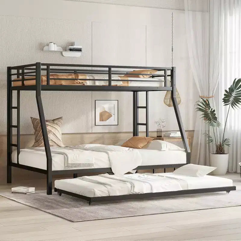 Metal Bunk Bed with Trundle, Twin Over Full Bunk with Guardrail Trundle and Ladder for Kids/Teenagers, Adults, No Box Spring Needed Black