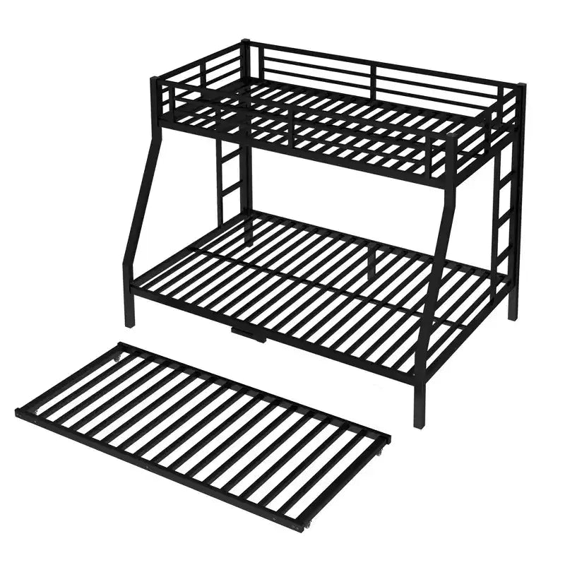 Metal Bunk Bed with Trundle, Twin Over Full Bunk with Guardrail Trundle and Ladder for Kids/Teenagers, Adults, No Box Spring Needed Black
