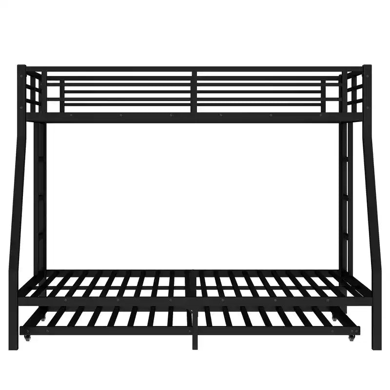 Metal Bunk Bed with Trundle, Twin Over Full Bunk with Guardrail Trundle and Ladder for Kids/Teenagers, Adults, No Box Spring Needed Black