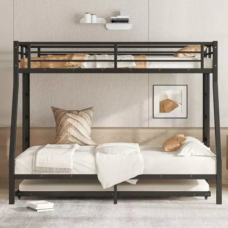Metal Bunk Bed with Trundle, Twin Over Full Bunk with Guardrail Trundle and Ladder for Kids/Teenagers, Adults, No Box Spring Needed Black