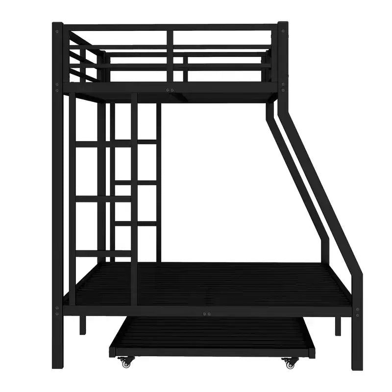 Metal Bunk Bed with Trundle, Twin Over Full Bunk with Guardrail Trundle and Ladder for Kids/Teenagers, Adults, No Box Spring Needed Black