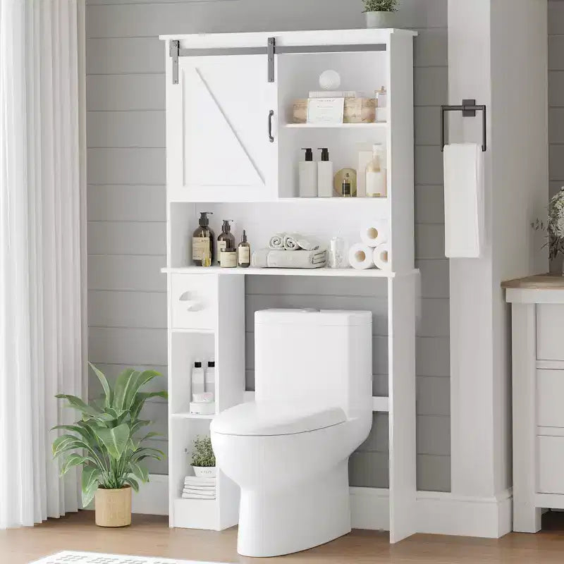 Over The Toilet Storage Cabinet, Double Door Bathroom Organizer with Adjustable Shelves & Toilet Paper Holder for Bathroom Space Saving White