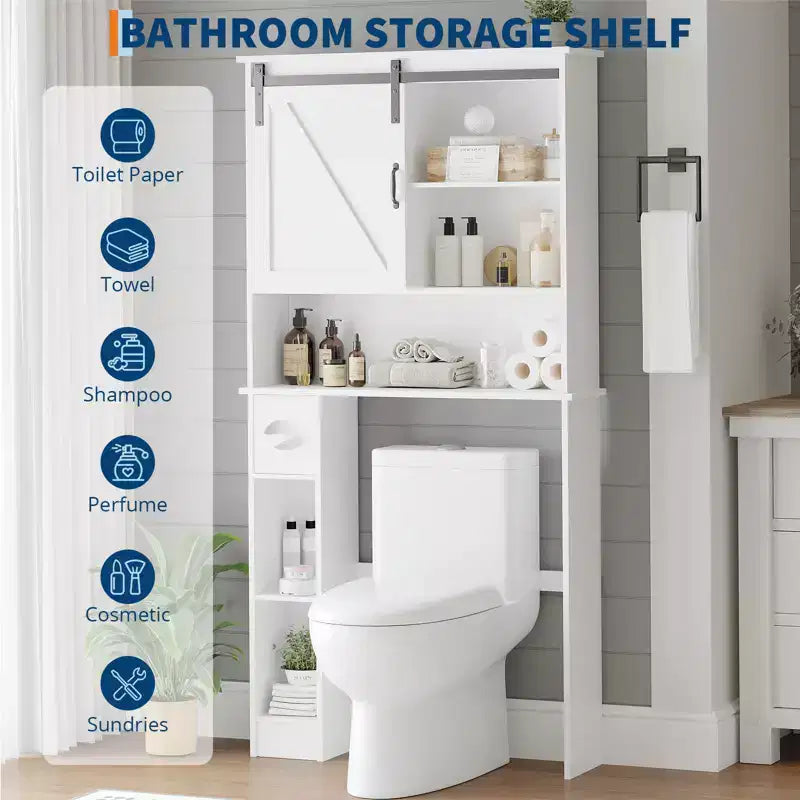 Over The Toilet Storage Cabinet, Double Door Bathroom Organizer with Adjustable Shelves & Toilet Paper Holder for Bathroom Space Saving White